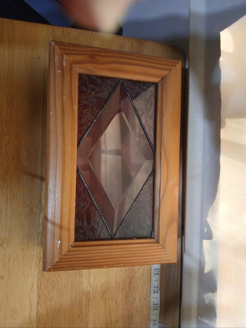 Wooden Trinket Box with Diamond Cut Glass Top - Amber Wood